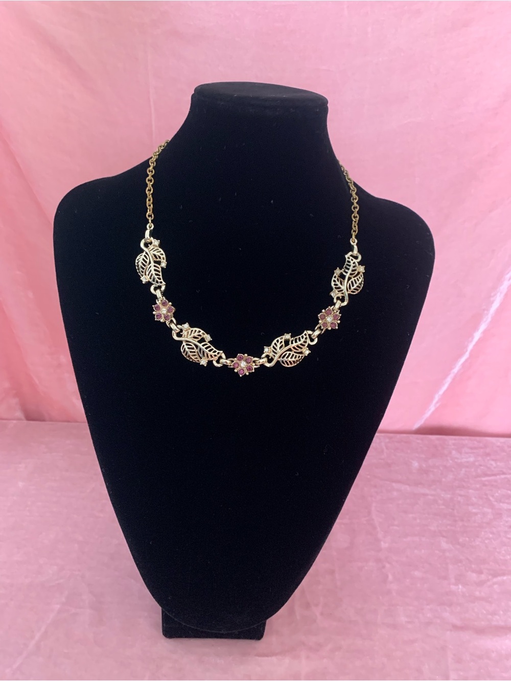 Vintage Gold Leaf Necklace with Pink Floral Accents